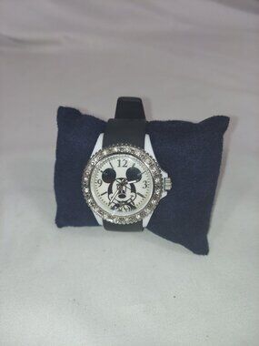 NOS Disney Rhinestone Mickey Mouse Watch Black & White Rubber Band